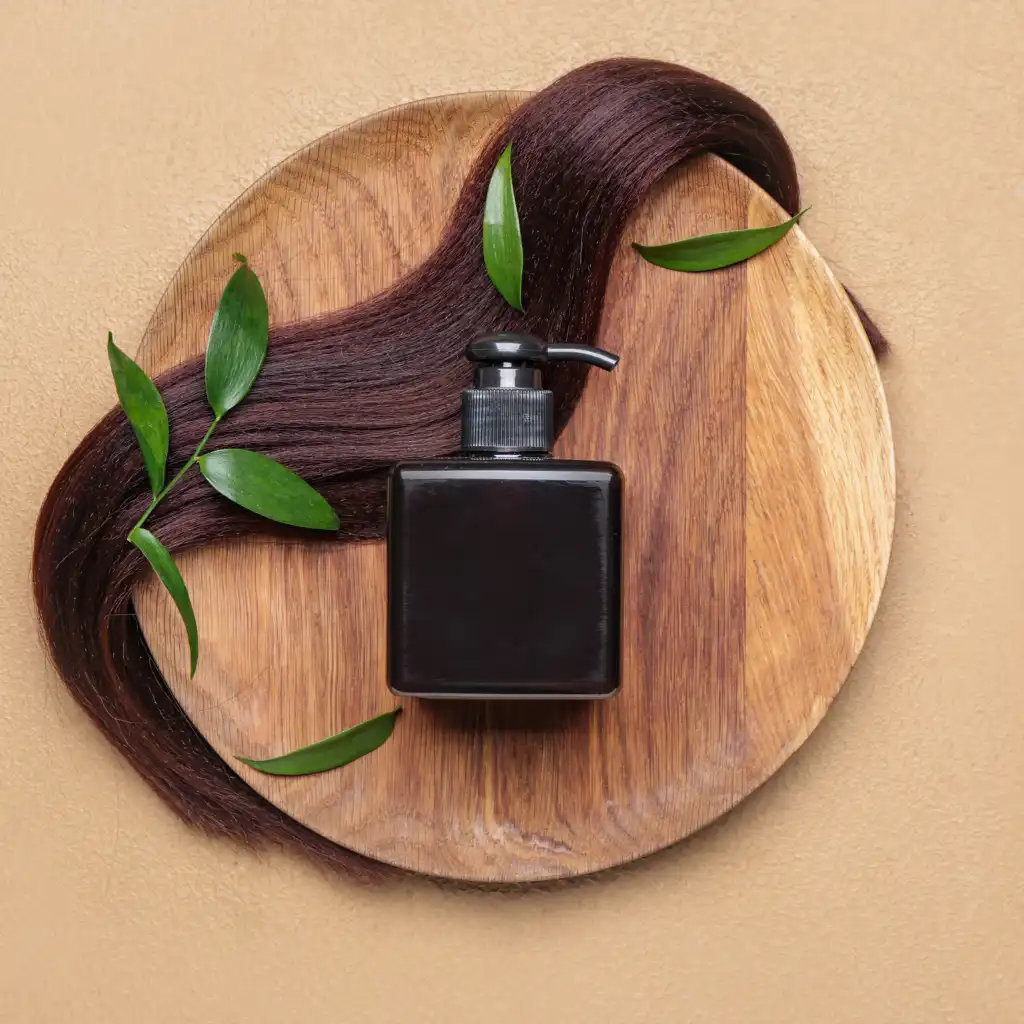 A symbolic realistic collage to portray Hair Treatment. A brown, wooden circular tray holds a black pump bottle with long, dark brown hair artistically arranged around it and a few green leaves scattered on top. The background is a light tan surface.