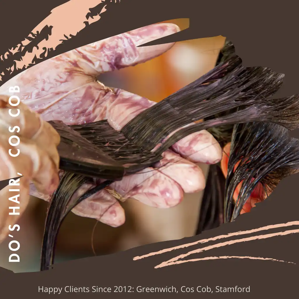 Close-up of a hairdresser's hands in gloves applying hair color to a client's hair using a brush. The image has a brown artistic border with text reading, "DO'S HAIR, COS COB" and "Happy Clients Since 2012: Greenwich, Cos Cob, Stamford.